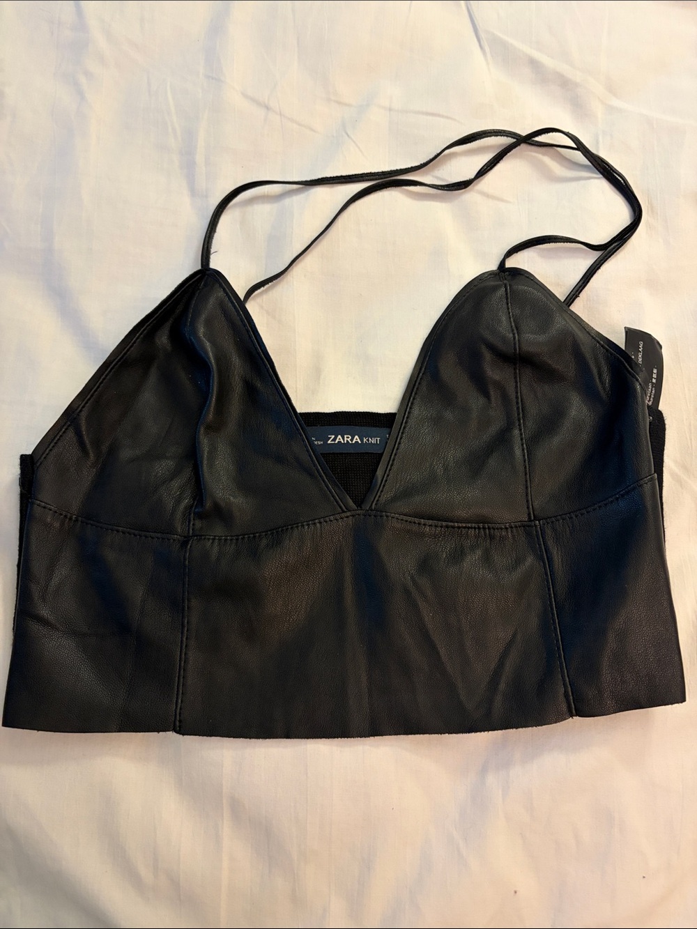 ZARA Black Faux Leather Cropped Bralette top size S with size zipper